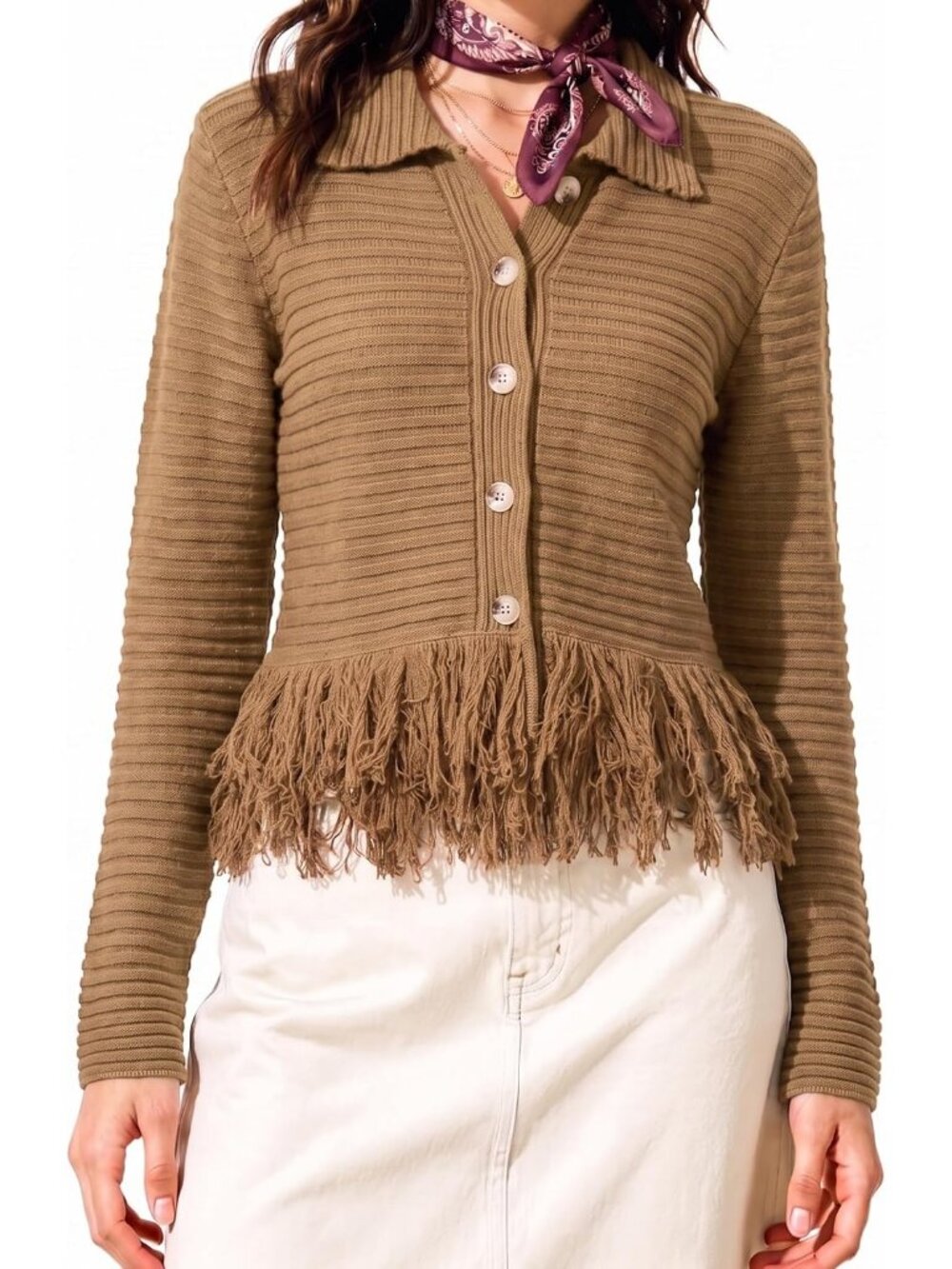 Women's Khaki Knit Button Front Collared Fringe Hem Western Cardigan Sweater